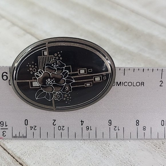 Vintage Michaela Frey Brooch Signed Oval Enamel Black Silver Floral Art Deco - Picture 9 of 9